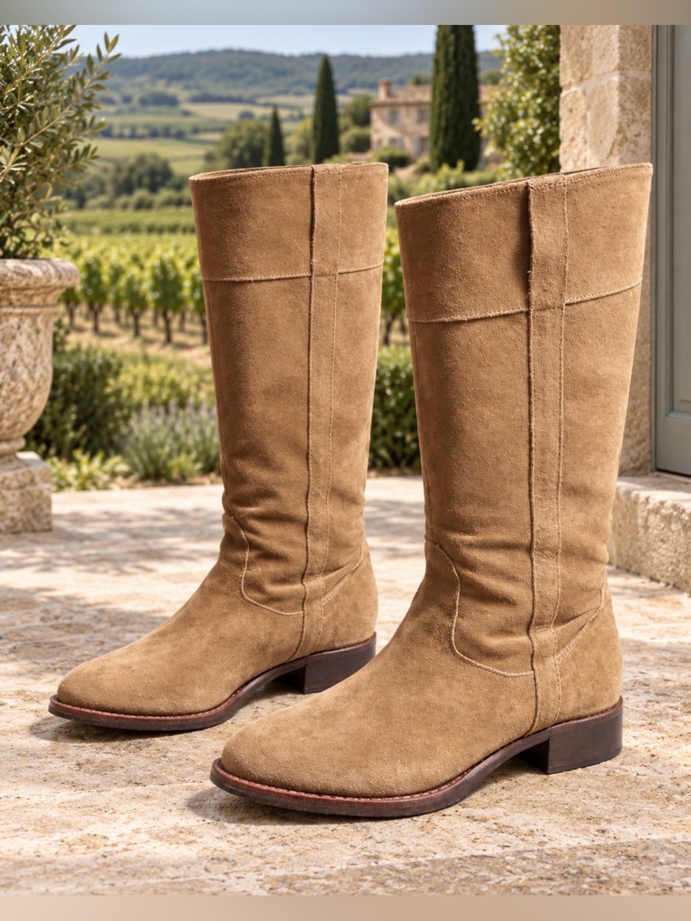 Robert Clergerie size 8.5 suede tan cowboy mid calf square toe boot France